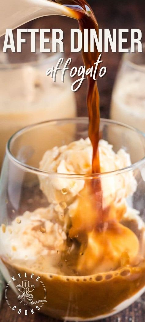 Coffee and ice cream are the perfect pairing for this decadent, after-dinner Italian dessert. Is Affogato a drink? Is it dessert? It’s both! (and it’s delicious). #kyleecooks #dessert #drink #italian #coffee #recipe Coffee Ice Cream Drink Recipe, Dessert Coffee Drinks, Italian Affogato Recipe, Afogatto Coffee Recipe, After Dinner Coffee Drinks, Italian Dinner Dessert Ideas, Italian Coffee Recipe, Coffee Deserts Recipes, Affagoto Dessert