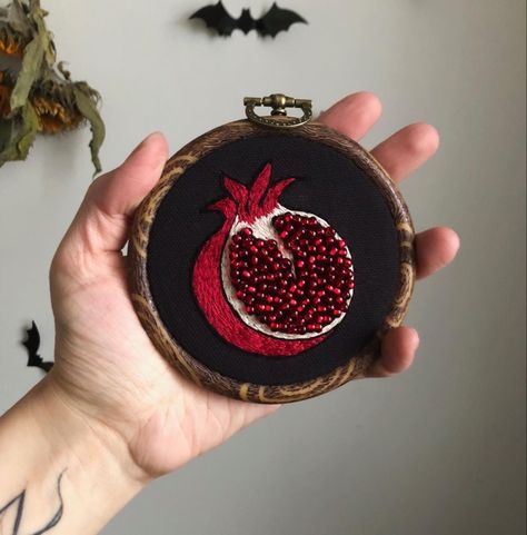 Pomegranate Persephone, Pomegranate Art, Beads Art, Tambour Embroidery, Art Embroidery, Sewing Embroidery Designs, Hand Embroidery Art, Handmade Embroidery, Embroidery Hoop Art