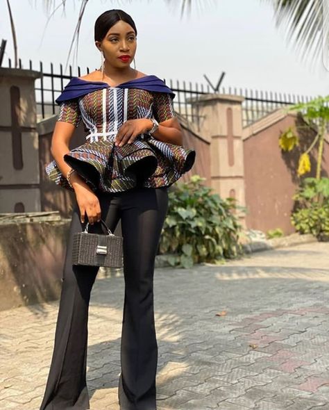 Africa Print Tops For Ladies, Ankara Peplum Top And Trouser, Ankara Peplum Gown Styles, Ankara Peplum Top Outfits, Latest Peplum Styles, Latest Ankara Peplum Tops, Mirrored Bedroom, Peplum Top Outfits, Ankara Peplum Tops