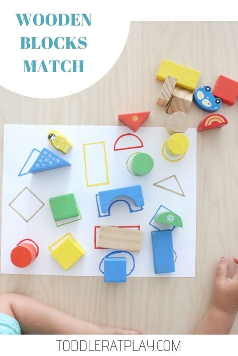 This Wooden Blocks Match is a super quick and easy-to-prep activity you can have ready in no time! With just a short list of 3 materials and a one step prep process, you’ll have a fun and exciting matching game done in about…..5 minutes or less. #woodenblocks #toddleractivity Maluchy Montessori, Aktiviti Kanak-kanak, Easy Toddler Activities, Montessori Toddler Activities, Shapes Activities, Aktivitas Montessori, Montessori Toddler, Toddler Play, Toddler Learning Activities