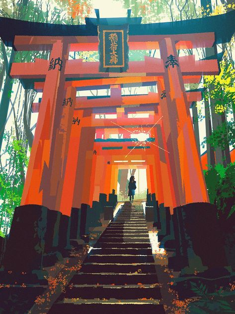 Latest Tweets / Twitter Kat Tsai, Fushimi Inari Taisha, Arte Peculiar, Visual Development, 판타지 아트, Anime Scenery, Aesthetic Art, Digital Painting, Art Inspo