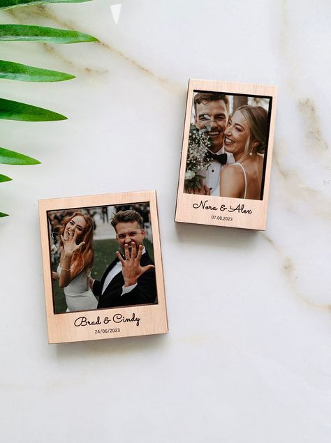 Cnc Photo Frame, Photo Party Favors, Engagement Souvenir Ideas, Wooden Invitation, Engagement Picture Frame, Engraver Ideas, Engraved Photo Frame, Picture Magnets, Wedding Photo Frame