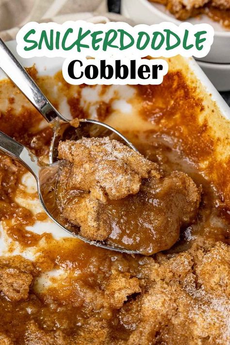 Snickerdoodle Cobbler tastes like a fresh batch of cinnamon sugar cookies baked into a gooey pie. Perfect with a scoop of vanilla ice cream! This Snickerdoodle version is a fun alternative because it takes the idea of a cobbler, but with the flavors of your favorite childhood cookie. Snickerdoodle Cobbler Krusteaz, Brown Butter Snickerdoodle Cobbler, Peach Snickerdoodle Cobbler, Snickerdoodle Fruit Cobbler Sprite, Dessert For Family Dinner, Brown Butter Cream Cheese Snickerdoodle Cobbler, Crockpot Desserts For A Crowd, Easy Amazing Desserts, Rainy Day Desserts