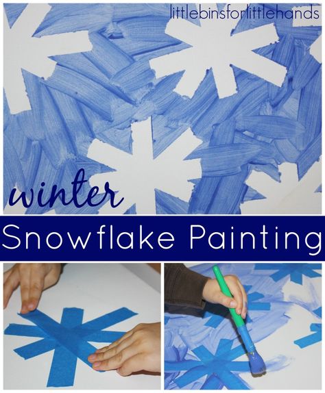 Try this easy tape resist snowflake painting idea for kids. Quick and simple for even the youngest artist! This snowflake painting idea is neat winter fun! Snowflake Painting, Winter Crafts For Toddlers, Snowflakes Art, Art Enthusiast, Painting Activities, Winter Preschool, Winter Crafts For Kids, Daycare Crafts, Preschool Christmas