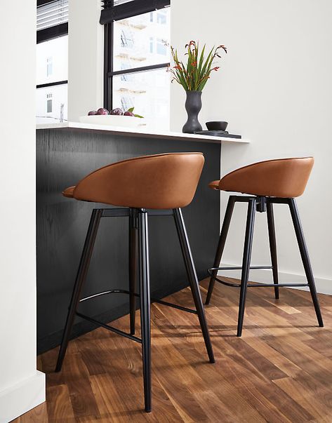 Sylvan Synthetic Leather Swivel Counter Stool - Modern Counter & Bar Stools - Modern Dining Room & Kitchen Furniture - Room & Board Kitchen Stools Modern, Counter Swivel Stools, Modern Bar Stools Kitchen, Bar Stools Counter Height, Unique Bar Stools, Inside Bar, Counter Stools With Backs, Bar Space, Island Chairs