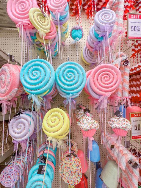 Christmas Decor Candyland Theme, Hobby Lobby Candyland, Hobby Lobby Pastel Christmas Decor, Sweets Christmas Decorations, Christmas Candy Theme Decorations, Sweet Candy Christmas Decorations, Candy Home Decor, Pastel Candyland Christmas Decor, Pastel Christmas Aesthetic