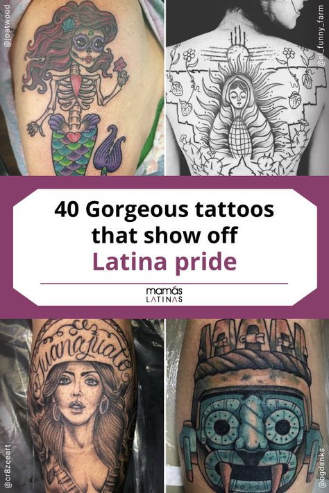 40 Gorgeous tattoos that show off Latina pride: For Latinas, it's a perfect way to show our connection to our roots, and our love for our culture. Here are the best tatttoos that show off your Latino culture and pride. #bodyart #tattoos #tattoostyle #tattoopattern #latinas Big Back Tattoos, Latina Tattoo Ideas, Mexican Heritage Tattoos, Latina Tattoo, Spanish Tattoos, Latin Tattoo, Mexico Tattoo, Mexican Tattoo, Latino Culture