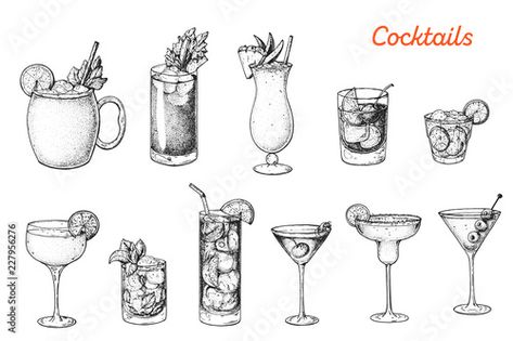 Stock Image: Alcoholic cocktails hand drawn vector illustration. Sketch set. Moscow mule, bloody mary, pina colada, old fashioned, caipiroska, daiquiri, mint julep, long island iced tea, manhattan, margarita. Wine Margarita, Margarita Cocktails, Tea Tattoo, Cocktails Vector, Cocktail Illustration, White Cocktails, Long Island Iced Tea, Alcoholic Cocktails, Margarita Cocktail