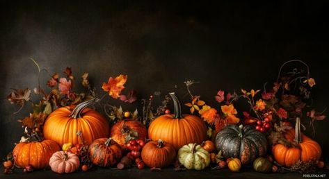 Thanksgiving desktop HD wallpaper with sleek, graphic designs of pumpkins and fall elements against a dark background. Thanksgiving Aesthetic Wallpaper Desktop, Thanksgiving Fb Cover Photos, Thanksgiving Wallpaper Laptop, Thanksgiving Desktop Wallpaper, Thanksgiving Wallpapers, Fall Background Wallpaper, Fall Elements, Thanksgiving Background, City Flowers