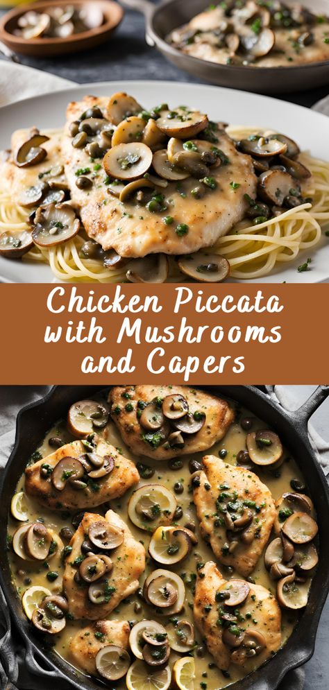 Chicken Piccata with Mushrooms and Capers | Cheff Recipes Chicken Mushroom Piccata Recipe, Chicken Piccata With Mushrooms, Recipes With Capers Healthy, Chicken With Capers Recipe, Chicken And Capers, Chicken Capers, Piccata Chicken, Capers Recipe, Capers Chicken