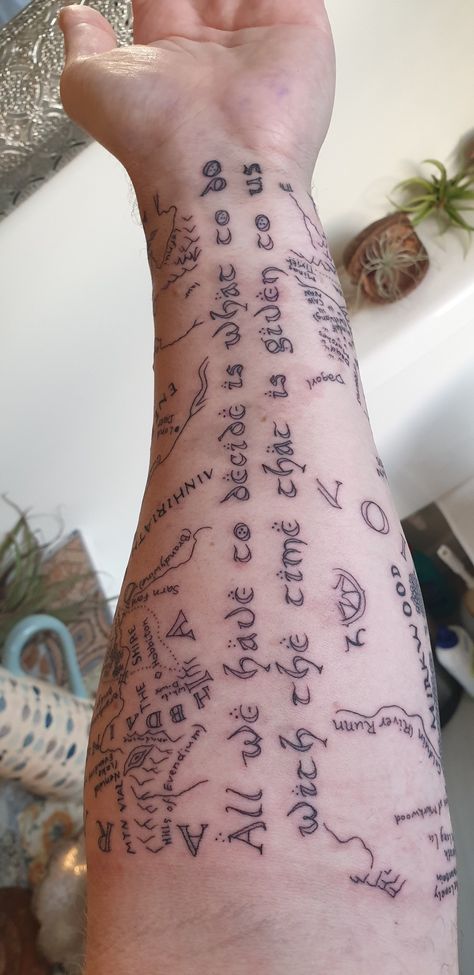 Lord of the Rings Tattoo Middle Earth Map Delicate Lord Of The Rings Tattoo, Map Of Middle Earth Tattoo, Lord Of The Ring Tattoo Ideas, Tolkein Tattoos, Lotr Map Tattoo, Lord Of The Rings Map Tattoo, Lord Of The Rings Back Tattoo, Lord Of The Rings Quote Tattoo, Middle Earth Map Tattoo