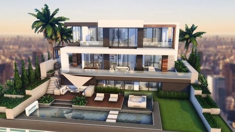 The Sims 4 Big Houses Ideas, Sims4 Modern Mansion, Sims 4 Big Modern House, Sims 4 Rooftop Apartment, New Crest Sims 4 Ideas, Big Sims 4 Houses, Sims Modern Mansion, 64x64 Sims 4 House, The Sims 4 Penthouse