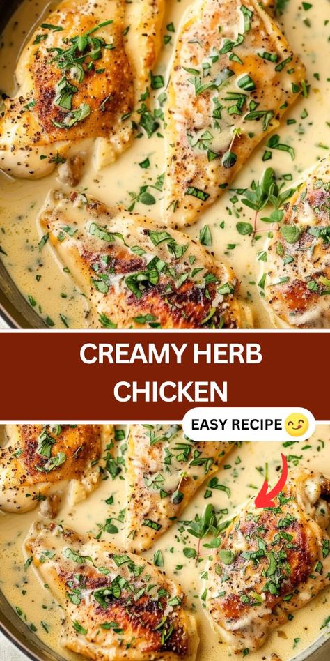 Discover the ultimate Creamy Herb Chicken recipe! Made with tender chicken breasts, garlic, and a rich blend of sage, thyme, and rosemary, this dish is perfect for a delicious weeknight dinner. Simmered in a creamy sauce with white wine and Dijon mustard, it’s full of savory flavors that will elevate any meal. Ready in just 30 minutes, this easy skillet chicken recipe is ideal for busy families and special occasions alike. Save this recipe and enjoy a restaurant-quality dish at home! Creamy Rosemary Dijon Chicken, Creamy Herb Chicken Recipes, Chicken And Cream Recipes, Sage Chicken Recipes, Chicken Thyme Recipes, Creamy Rosemary Chicken, Chicken With Heavy Cream, Creamy Herb Chicken, Chicken Thyme