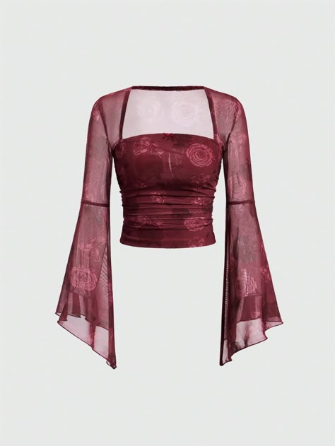 Women's Floral Print Sheer Mesh Top With Flared Sleeves Red Casual  Long Sleeve Knitted Fabric Figure,Floral  High Stretch  Women Clothing, size features are:Bust: ,Length: ,Sleeve Length: Purple Bell Sleeve Top, Tops With Flared Sleeves, Cute Long Sleeve Shirt, Long Sleeve Tops Aesthetic, Low Neckline Top, Clubbing Clothes, 70s Style Clothing, Rose Clothes, Red Mesh Top