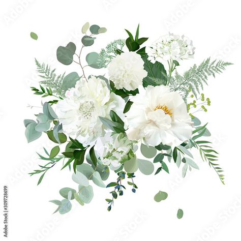 Herbal Bouquet, Green And White Flowers, Sage Green Flowers, Green Weddings, Feuille Eucalyptus, Silver Sage, Flowers Vector, Pastel Watercolor, Vector Flowers