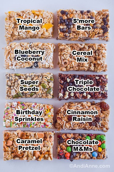 10 No Bake Granola Bars - Andi Anne Granola Rice Krispie Bars, 5 Ingredient Granola Bars, Biscoff Granola Bars, Oatmeal Snacks No Bake, Diy That's It Bars, High Protein Granola Bars Homemade, Protein Granola Bites, Chewy Homemade Granola Bars, Dutch Bros Granola Bar Recipe