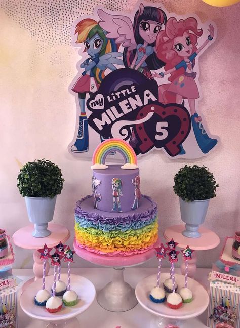 Equestria Girls Party  | CatchMyParty.com Equestria Girls Birthday Party, Pony Birthday Party Ideas, Equestria Girls Party, My Little Pony Cake, My Little Pony Birthday Party, Pony Birthday Party, Little Pony Cake, Little Pony Birthday Party, Pony Cake