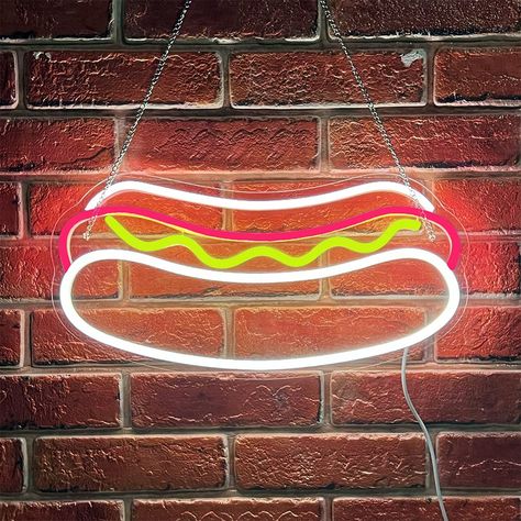 PRICES MAY VARY. 🌭 VISIBLE FROM A DISTANCE:If you’re looking for the most optimal way to draw people who needs hot dog LED sign to your store, then these are the food lights for you. Bright and vibrant colors make the bread LED sign easily visible to people on the highway or a busy intersection. 🌭 Hot Dog LED Sign Size:Hamburger shaped neon lights, with size of 15.7*7.8 inch,cable length 78 inches.Fast food neon light is powered by safe USB, and Adjustable brightness switch. 🌭 Easy to Use:We Hot Dog Shop, Restaurant Wall Lights, Led Ideas, Led Flex, Coffee Shop Bar, Town Home, Diy Crafts Life Hacks, Neon Wall, Draw People