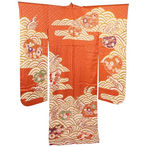 Fine vintage Japanese silk kimono. A fine Japanese kimono, circa 1970s. A wonderful textile for collectors. A silk Japanese furisode kimono with fine decoration. The furisode was made with a light orange color silk. Hand painted and hand-sewn in Japan. Japanese traditional vintage kimono, Japan, 1970s. Measures: Total width 49" Shoulders 24” across Sleeves 36” Bust 24” flat Waist 24” flat Hips 24” flat Length 58”, Measured flat. Orange Kimono Traditional, Kimono Quilt, Cinema Makeup, Kimono Ideas, Japanese Wedding Dress, Ceremonial Wedding, Orange Kimono, Japan 1970s, Kimono Patterns