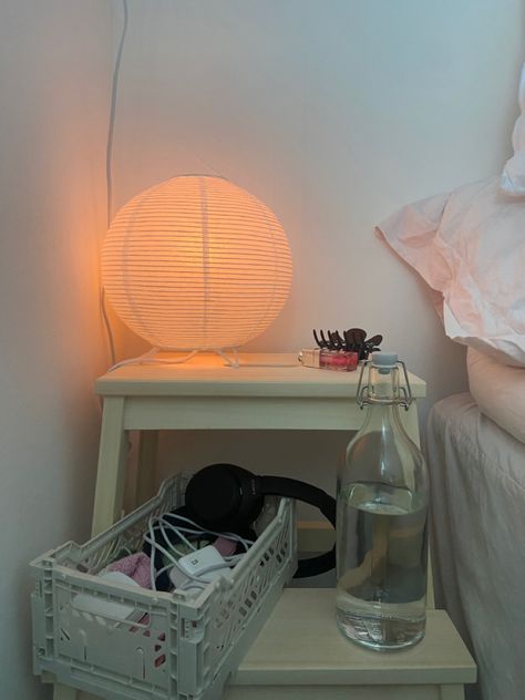 Cozy bedside table, rice paper lamp Rice Lamp, Paper Table Lamp, Rice Paper Lamp, Lamp Pink, Paper Table, Night Table, Table Light, Rice Paper, Light Table