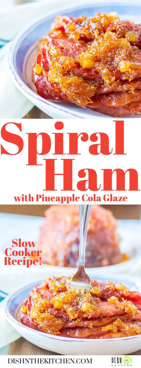 There's nothing better than a Spiral Sliced Ham on the dinner table...unless it's coated with a sweet n sour cola pineapple glaze. This slow cooked Spiral Ham bakes up nicely in the Crockpot, then finishes in the oven under the broiler. #spiralslicedham #glazedham #Easterdinner #bakedspiralham #ham Spiral Ham With Pineapple, Slow Cooker Spiral Ham, Cola Ham, Ham With Pineapple, Ham And Pineapple Pizza, Spiral Sliced Ham, Whole Ham, Pineapple Ham, Pineapple Glaze