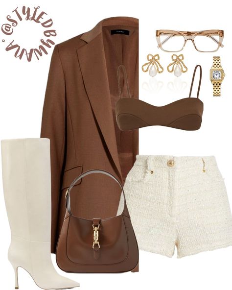 Brown Outfit Inspo Fall Outfit Inspo Neutral Outfit Inspo Brown Blazer Brown Blazer Outfit Cream Boots Brown Bralette Brown Bag Brown Clutch Outfit, Earth Tone Blazer Outfit, Tweed Shorts Outfit, Brown Shorts Outfit, Vogue Outfits, Outfit Inspo Brown, Brown Blazer Outfit, Outfits Guide, Outfit Cream