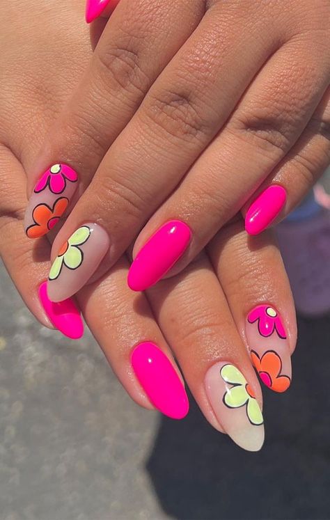 Two Color Pink Nails, Summer Nail Art Almond Shape, Neon Retro Nails, Bright Summer Floral Nails, Cartoon Flower Nails, May Inspired Nails, Neon Flowers Nails, Vibrant Nail Art, Nail Art Designs Bright Colors