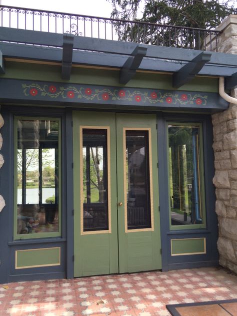 Margaret Tarkington Gives her home a Bavarian Look with Our Stencil | Walls Stencils, Plaster Stencils, Painting Stencils, Plaster Molds Stenciled Front Door, Bavarian Cottage Interior, Bavarian Decor, German Cottage, Cottage Front Porch, Nordic Cottage, Porch Trim, Stenciled Doors, Painted Shed