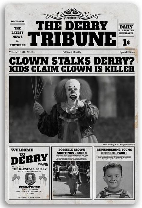 Horror Movie Newspaper, Pennywise Poster, Pub Bathroom, Bathroom Toilet Wall, Movie Newspaper, Man Cave Bedroom, Helloween Wallpaper, Funny Vintage Photos, Horror Movies Scariest