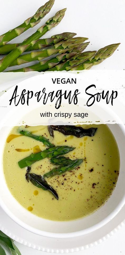 A dairy-free vegan soup made from green asparagus with a subtle taste of fresh sage perfect for a light lunch or quick healthy dinner.  #asparagus #asparagussoup #creamysoup #sage #easyrecipe #soup #vegetablesoup #veganrecipe #vegansoup via @All Kitchen Colours Dinner Asparagus, Creamy Asparagus Soup, Vegan Asparagus, Creamy Broccoli Soup, Kitchen Colours, Creamy Asparagus, Vegetarian Nutrition, Cheap Clean Eating, Healthy Soups