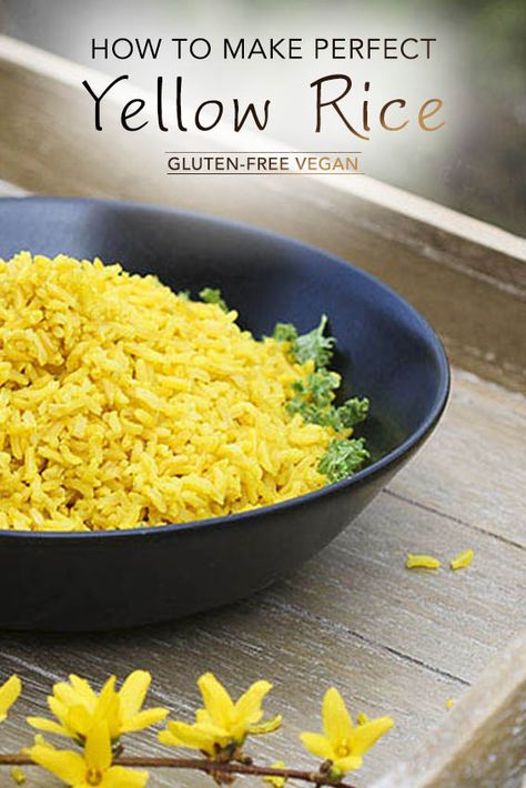 How to make perfect yellow turmeric rice by Anastasia, Kind Earth - gluten-free, vegan Mediterranean Yellow Rice, Yellow Rice Recipe, Yellow Rice Recipes, Turmeric Rice, Healthy Eating Snacks, Easy Vegetarian Dinner, Yellow Rice, Healthy Vegan Snacks, Vegan Side Dishes