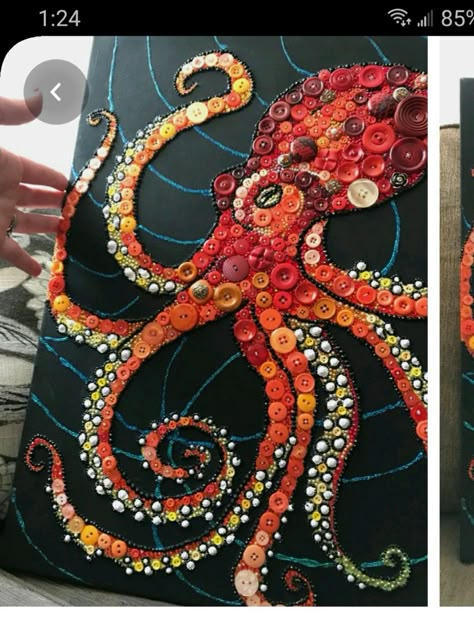 Octopus Button Art, Art Using Different Materials, Octopus Shell Art, 3d Octopus Painting, Highschool Art Project Ideas Painting, Art Texture Ideas, Octopus Art Project, Octopus Mosaic, Abstract Octopus