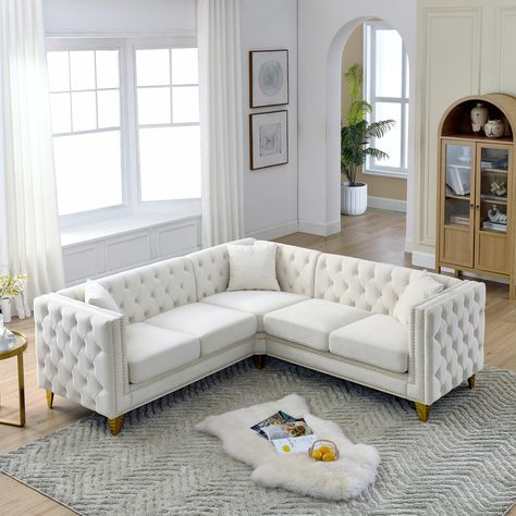 This is a three-section sofa not only comfortable to sit, beautiful appearance, looks simple and generous, fashionable and elegant. ✔Classic Chesterfield Sofa. Using the classic Chesterfield sofa design, classic and sophisticated. Chesterfield Sofa Design, Beige Sectional, Velvet Corner Sofa, Corner Sofa Covers, Corner Sectional Sofa, Corner Sofas, Sectional Sofa Couch, Sofa Frame, Brown Sofa