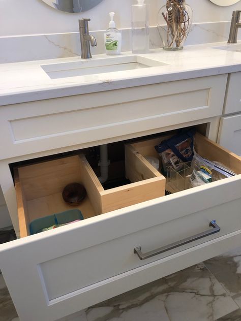 Bathroom Vanity Drawer Around Plumbing, Drawers Under Kitchen Sink, Sink Drawers Bathroom, Bathroom Sink Drawers, Under Sink Drawers, Under Sink Drawer, Bathroom Cabinet With Drawers, Laundry Reno, Custom Bathrooms