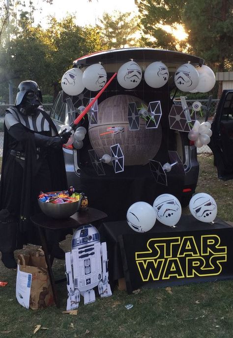 Diy Star Wars Halloween Decorations, Mandalorian Trunk Or Treat Ideas, Star Wars Themed Trunk Or Treat, Mandalorian Trunk Or Treat, Trunk Or Treat Ideas Star Wars, Starwars Trunk Or Treat Ideas For Cars, Star Wars Halloween Party, Star Wars Trunk Or Treat Ideas For Cars, Trunk Or Treat Star Wars