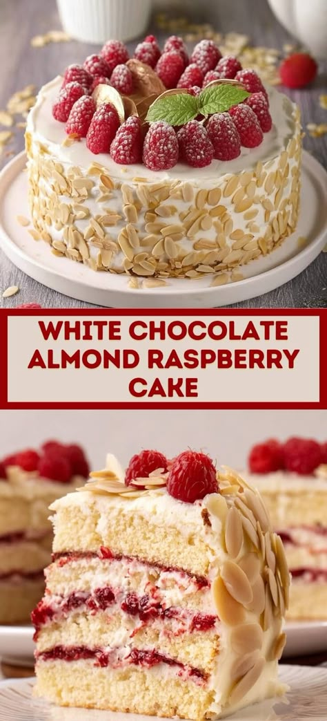 White Chocolate Almond Raspberry Cake | Page 2 of 2 Chocolate Almond Raspberry Cake, Almond Raspberry Cake, White Chocolate Cream Cheese Frosting, White Chocolate Raspberry Cake, Raspberry Cake Recipes, Chocolate Almond Cake, White Chocolate Cream, Chocolate Cream Cheese Frosting, Chilled Desserts