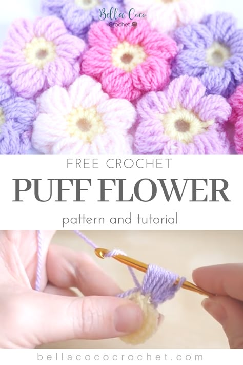 Crochet Puffy Flowers Tutorial, How To Knit A Flower Easy, Free Flower Crochet Pattern Simple, Puff Flower Crochet Pattern Video Tutorials, How To Crochet A Puff Flower, Crochet Puffy Flowers Free Pattern, How To Crochet Flowers For Beginners, Simple Crochet Flowers Free Pattern, How To Crochet A Flower For Beginners