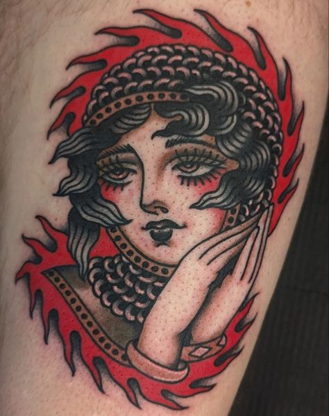 Joan Of Arc American Traditional Tattoo, Joan Of Art Tattoo Traditional, Joan Of Arc Traditional Tattoo, Trad Lady Head, Lady Knight Tattoo, Medieval Traditional Tattoo, Lady Head Tattoo Traditional, Female Knight Tattoo, American Traditional Lady Head