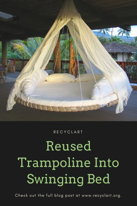 bed, reused This bed is made with the use of a trampoline frame ring, a trampoline bounce mat, and a trampoline springs. The trampoline frame has been covered in soft padding, and the whole trampoline mat is covered with a sheet. The frame is suspended from Old Trampoline Ideas, Trampoline Upcycle, Recycled Trampoline, Swinging Bed, Trampoline Bed, Trampoline Ideas, Old Trampoline, Trampoline Springs, Best Trampoline