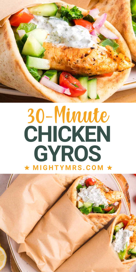 This 30-minute chicken gyros with Tzatziki sauce are so simple to make. Greek pitas are stuffed with marinated and pan-fried or grilled chicken tenderloins, cucumber relish and homemade tzatziki sauce. These chicken gyros are made fresh in just 30 minutes with a few time-saving tricks. Grilled Chicken Pita Recipes, Pita Meals, Grilled Chicken Tenderloins, Easy Chicken Gyros, Chicken Gyros With Tzatziki Sauce, Greek Pitas, Grilled Chicken Gyros, Homemade Gyros, Chicken Pita Pockets