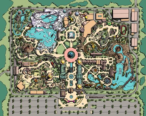 Park Site Plan, Theme Park Planning, Theme Park Map, Resort Design Plan, Zoo Project, Zoo Architecture, Zoo Park, Planet Coaster, Landscape Design Drawings