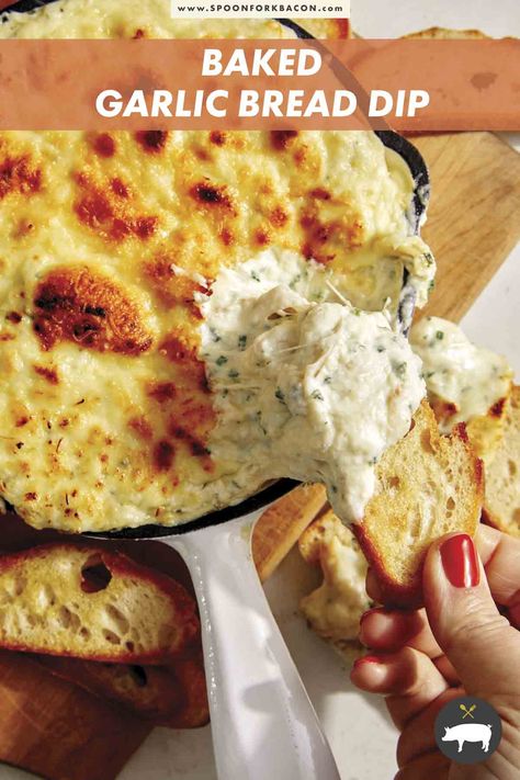 A truly delicious and decadent recipe for Baked Garlic Bread Dip. This rich and creamy dip is reminiscent of cheesy garlic bread and is a perfect game day appetizer! #dip #garlicbreaddip #appetizer #easyrecipe Garlic Bread Dip, Baked Garlic Bread, Homemade Jerky, Spoon Fork Bacon, Delicious Dips Recipes, Bread Dip, Cheesy Garlic Bread, Meat Snacks, Dip Recipes Easy