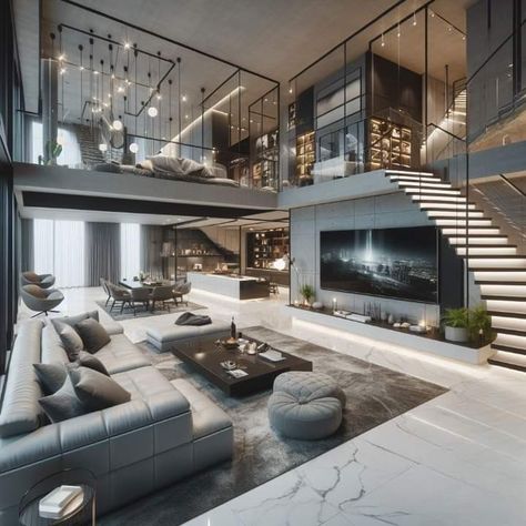 Modern Luxury Villa Interior Design, Rich House Inside, Dream House Decor Ideas, Loft Apartment Luxury, Penthouse Stairs, 2 Story Apartment, Small Penthouse Apartment, Penthouse Modern, Cozy Home Interior