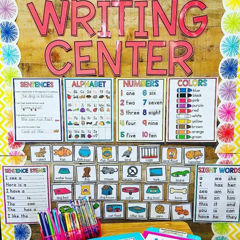 Kindergarten Writing Center - Apples and ABC's Preschool Writing Center, Writing Center Ideas, Classroom Writing Center, Writing Center Preschool, Pre-k Writing, Writing Center Kindergarten, Miss Kindergarten, Writing Folders, Writing Station