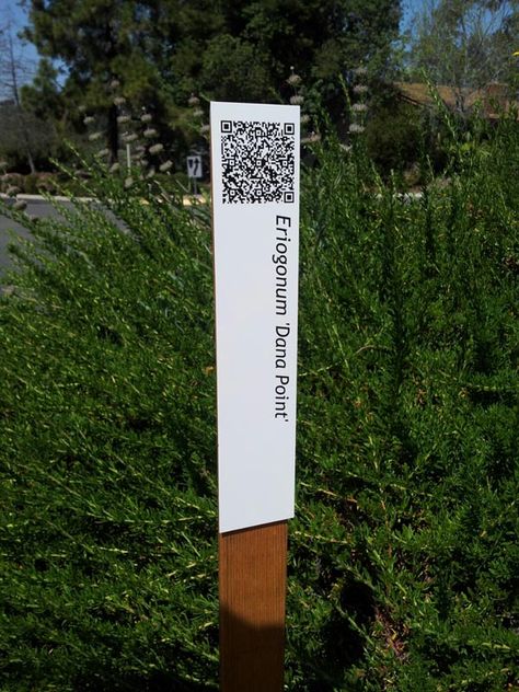 One of the tour signs, with a QR code at the top that leads you to a page with information about the plant Qr Code Signage Design, Qr Code Sign Design, Qr Code Signage, Zoo Signage, Interpretive Signage, Signs Of The Times, Urban Ideas, N Logo Design, Signage Board