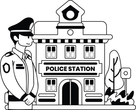 police and police station illustration in doodle style Police Station Cartoon, Police Station Drawing, Station Drawing, Line Images, Doodle Style, Pinterest Images, Drawing Cartoon, Design Animation, Clipart Black And White