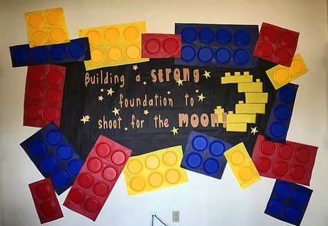 My Kinders loved this Lego bulletin board for a space and technology theme. "Building a strong foundation to shoot for the moon". I went with plastic party plates as they were colored on the back side instead of paper party plates that are white on the back side. Construction Site Bulletin Board, Building Excellence Theme, Lego Bulletin Board, Lego Vbs, Lego Night, Hope Squad, Lego Classroom Theme, Space Bulletin Boards, Lego Classroom