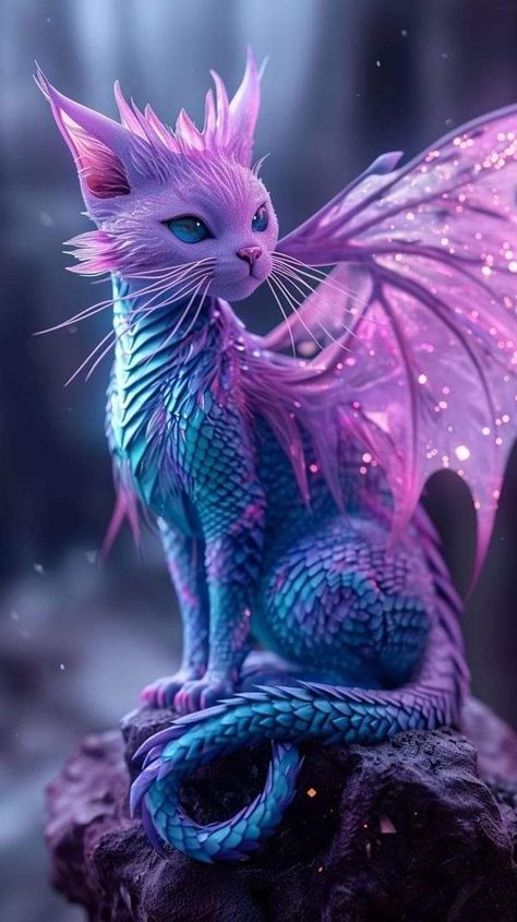 Mythical Dragons Beautiful, Cat With Wings, Cat Dragon, Magical Animals, Dragon Cat, Mythical Creatures Fantasy, Mystical Animals, Dragon Artwork Fantasy, Purple Dragon