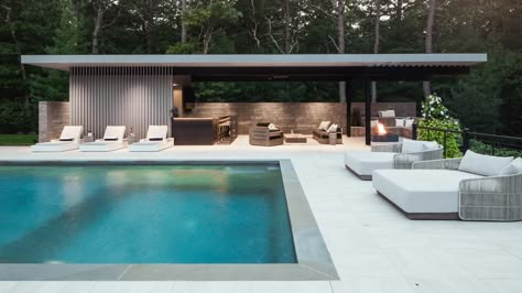 Midcentury Modern Landscaping, Modern Pool Cabana, Modern Outdoor Living Area, Pool Bar Design, Pool House Cabana, Cabana Design, Modern Pool House, Hamptons Modern, Mediterranean Exterior