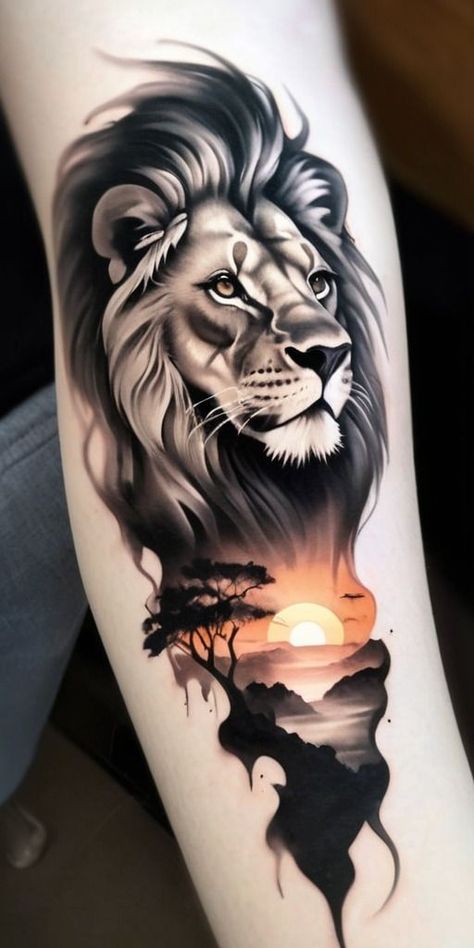 LION SAVANNA SUNSET TATTOO DESIGN Lion Tattoo Design Forearm, Lion Tattoo Design Stencil, Loin Tattoos Design, Leones Tattoo, Sunset Tattoo Design, African Warrior Tattoos, Leon Tattoo, Lion Forearm Tattoos, First Tattoo Ideas